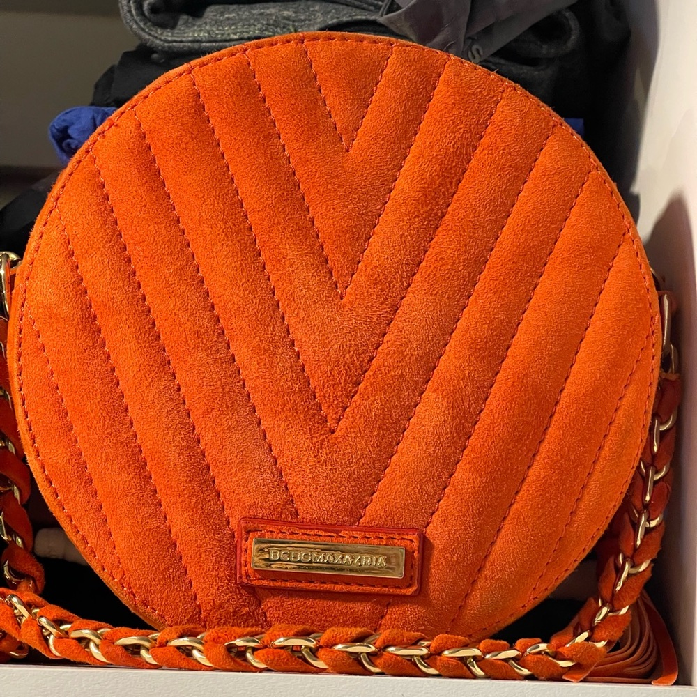 BCBG MaxAzria Orange Faux Suede Quilted Chevron Round Crossbody - Picture 8 of 16